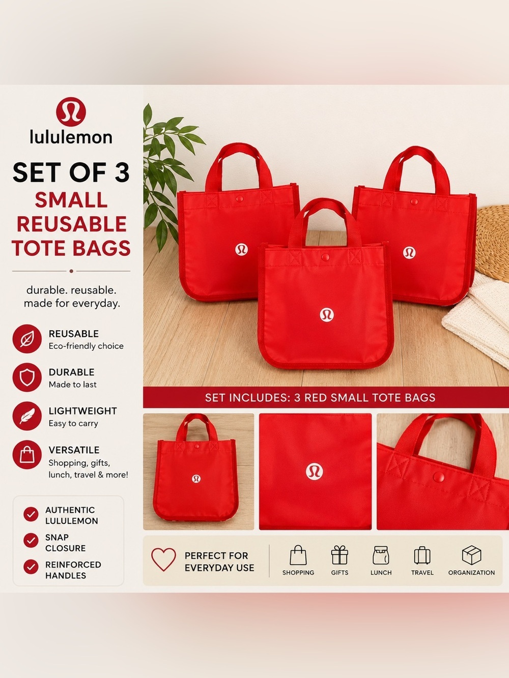 Lululemon Small Reusable Tote Bag Set of 3 Red Shopping Bags